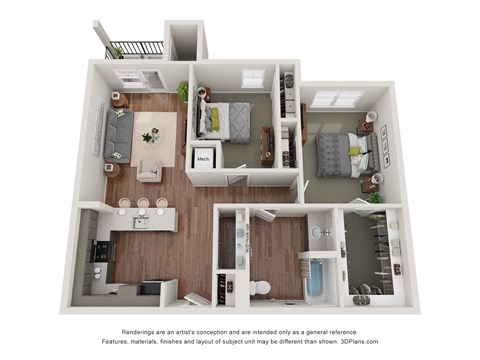 Floor plan for 2 beds, 1 bath, 933 sqft
